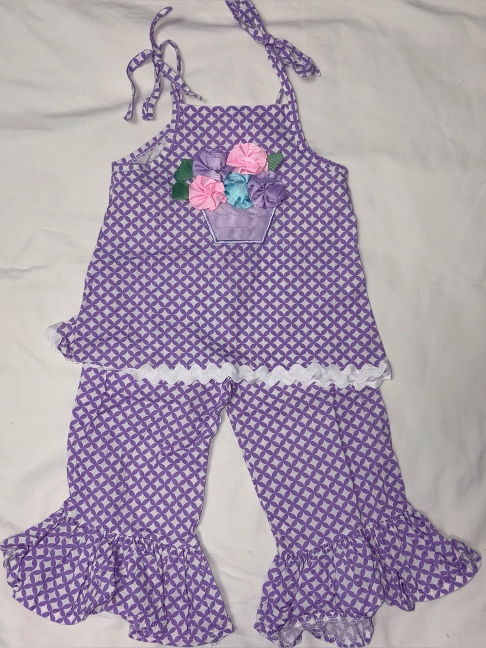 Mud Pie purple patterned outfit w/3D flower pot applique sz 2T-3T EUC